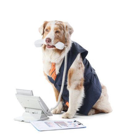 Funny business Australian Shepherd dog in suit with telephone and diagrams on white backgroundの写真素材