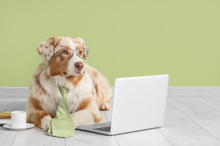 Funny business Australian Shepherd dog with tie, eyeglasses, coffee and modern laptop lying near green wallの写真素材