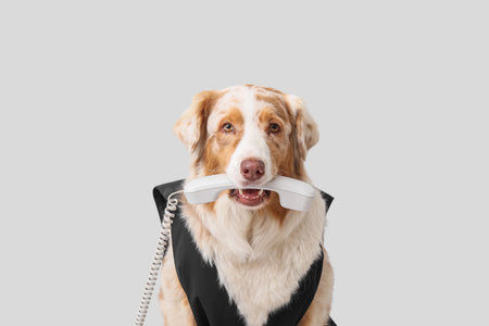 Funny business Australian Shepherd dog with suit and telephone on white backgroundの写真素材