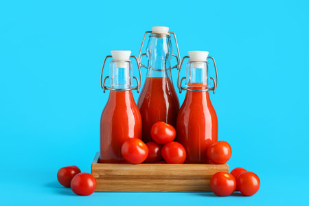 Bottles of fresh tomato juice and vegetables on blue backgroundの写真素材