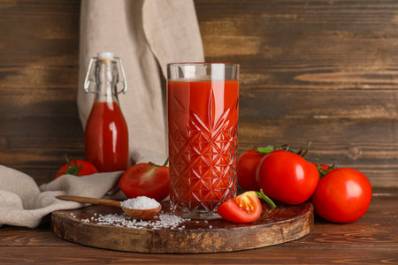 Glass of fresh tomato juice and spoon with salt on wooden backgroundの写真素材