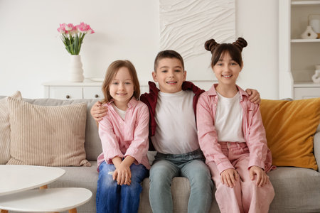 Little friends hugging on sofa at homeの写真素材