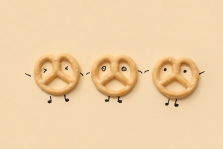 Composition with funny pretzels on color background. Friendship Day celebrationの写真素材