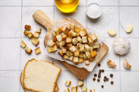 Wooden board with crunchy croutons and different spices on white tile backgroundの写真素材