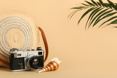 Vintage photo camera, stylish female bag, seashell and palm leaf on color backgroundの写真素材