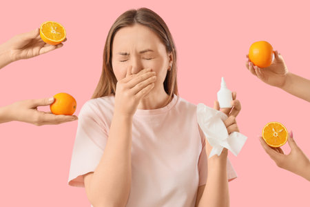 Sneezing young woman holding nasal drops and hands with oranges on pink background. Food Allergy...