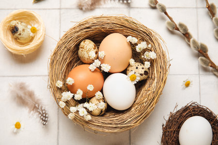 Nest with Easter eggs, flowers, feathers and willow branches on white tiled background, closeup