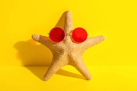 Starfish with stylish sunglasses on yellow backgroundの写真素材