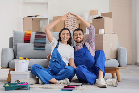 Young pregnant couple making gesture during repair in roomの写真素材