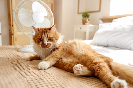 Funny cat and electric fan on bedの写真素材