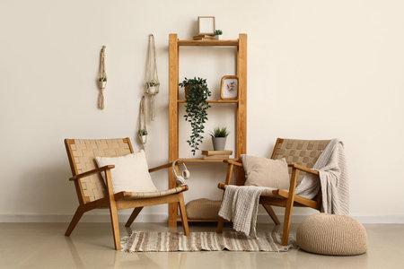 Interior of living room with wooden armchairs and shelf unit