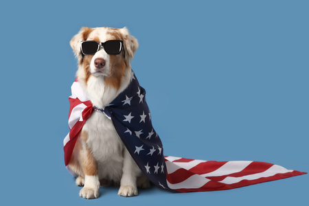 Cute dog in sunglasses with USA flag on blue background. Independence Day celebrationの写真素材