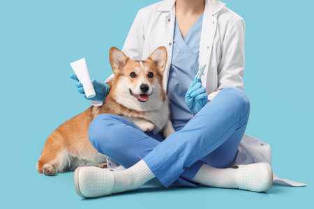 Veterinarian with finger toothbrush, toothpaste and cute Corgi dog sitting on blue backgroundの写真素材