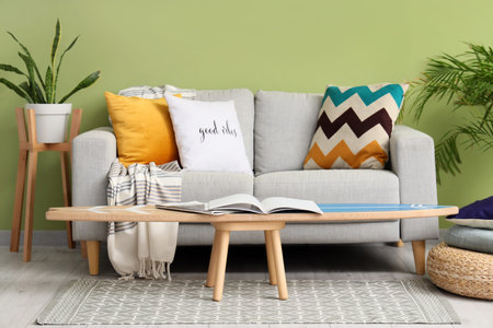 Interior of living room with surfboard and sofa
