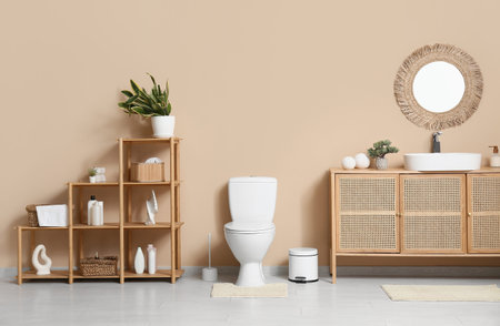 Interior of restroom with toilet bowl, sink and shelf unit