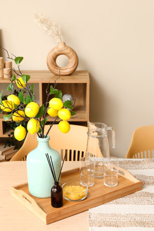 Vase with lemon tree branches, jug and glasses on dining table in roomの写真素材