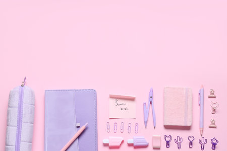 Composition with different school supplies and text SUMMER BREAK on pink backgroundの写真素材