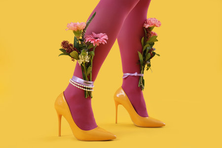 Legs of young woman in purple tights and stylish high heels with beautiful flowers on yellow backgroundの写真素材