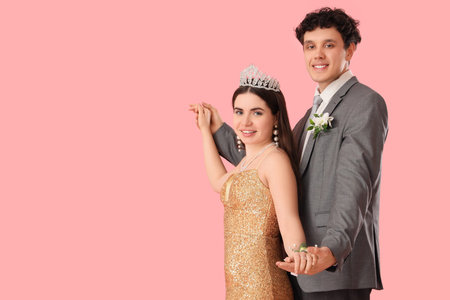 Pretty prom couple on pink background