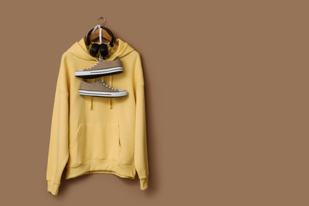 Hanger with stylish yellow hoodie, sneakers and headphones on brown backgroundの写真素材
