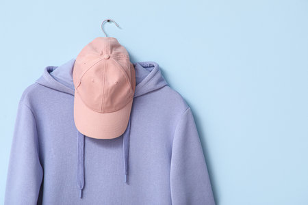 Hanger with stylish blue hoodie and cap on color backgroundの写真素材