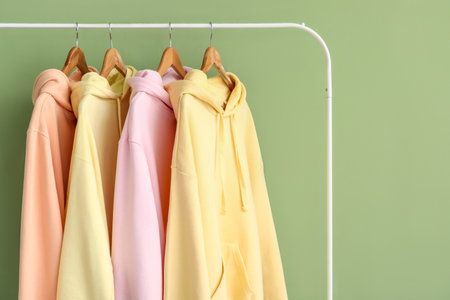 Rack with colorful hoodies on green backgroundの写真素材