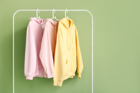 Rack with colorful hoodies on green backgroundの写真素材