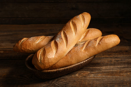 Wicker bowl with fresh baguettes on wooden background