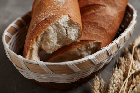 Wicker bowl with fresh baguettes and wheat on gray background, closeupの写真素材