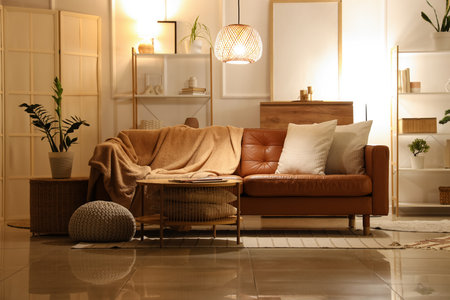 Interior of living room with brown sofa, shelf units and glowing lamps in eveningの写真素材