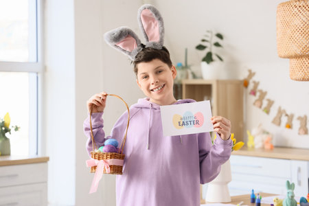 Teenage boy with Easter eggs and card in kitchenの写真素材