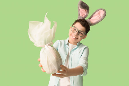Teenage boy in bunny ears with Easter gift egg on green backgroundの写真素材