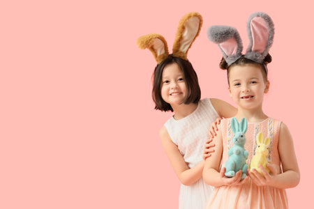 Cute little girls in bunny ears with Easter rabbits on pink backgroundの写真素材