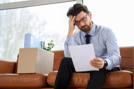 Upset young man with order for his dismissal sitting on couch in office