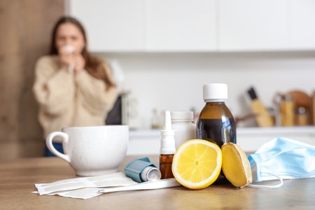 Different flu medications with lemon and ginger on table against sick woman in kitchen, closeupの写真素材