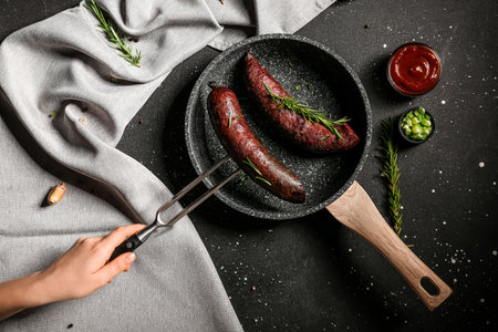 Female hand with meat fork taking sausage from frying pan on dark backgroundの写真素材