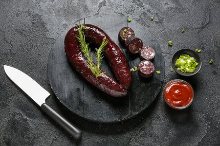 Composition with tasty blood sausage on dark background, top viewの写真素材