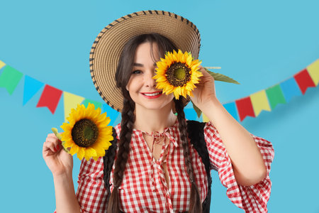 Young happy woman in straw hat with sunflowers and flags on blue background. Festa Junina...