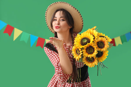 Young happy woman in straw hat with bouquet of sunflowers blowing kiss on green background. Festa...