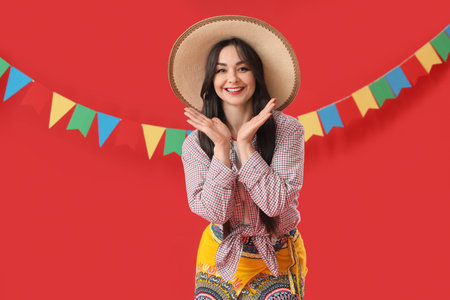 Young happy woman in straw hat and flags on red background. Festa Junina celebration