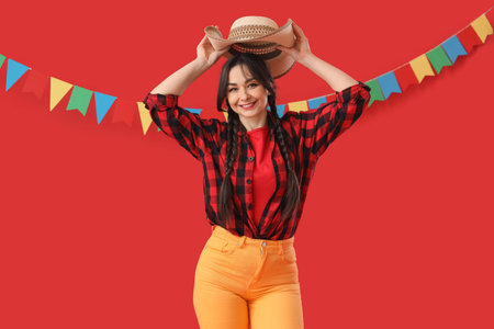 Young happy woman taking off straw hat on red background. Festa Junina celebration