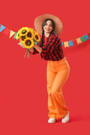Young happy woman in straw hat with bouquet of sunflowers and flags on red background. Festa Junina...