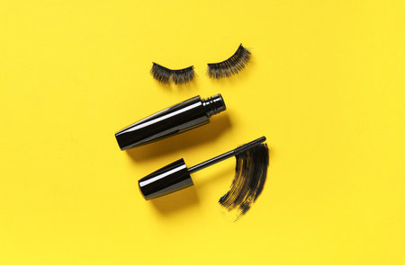 Black mascara with smear and false eyelashes on yellow backgroundの写真素材