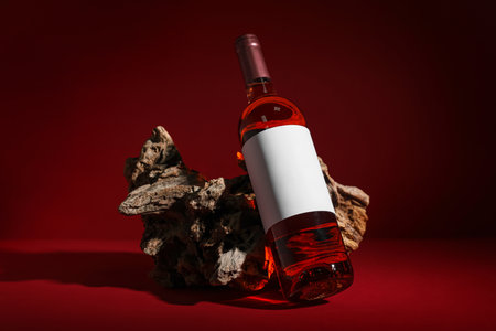 Bottle of wine with blank label and tree bark on red backgroundの写真素材