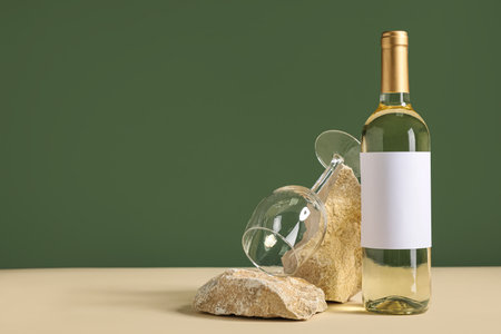 Bottle of wine with blank label, empty glass and stones on table against green backgroundの写真素材