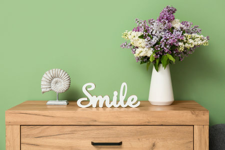 Vase with lilac flowers and decor on chest of drawers near green wall