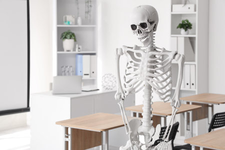 Interior of light hospital conference hall with human skeleton model, modern laptop on table and projector screenの写真素材