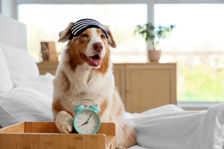 Cute Australian Shepherd dog with sleep mask and alarm clock sitting on bed in bedroomの写真素材