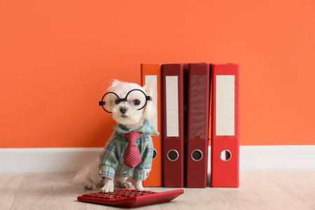 Funny business Maltese dog with calculator and folders near orange wallの写真素材