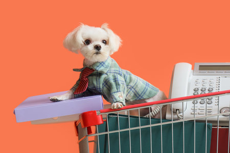 Funny business Maltese dog with folders and telephone in shopping cart on orange backgroundの写真素材